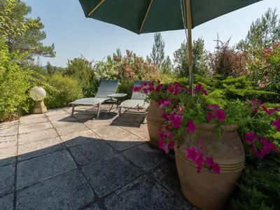 a patio with two large pots of flowers and an umbrella at Villa w Garden & Guest House in Prades-sur-Vernazobre