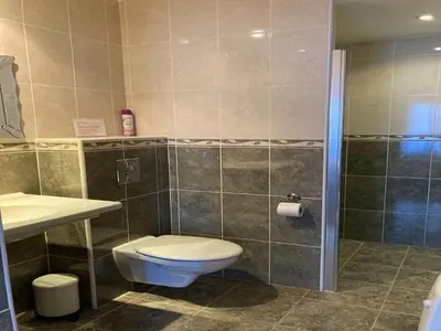 a bathroom with a toilet and a sink and a shower at Montbrun Vineyard Escape in Montbrun-des-Corbières