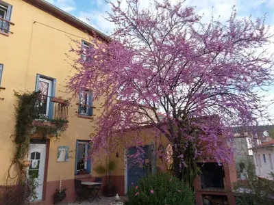 a tree with purple flowers in front of a building at L'Art de Vivre in Latour-de-France