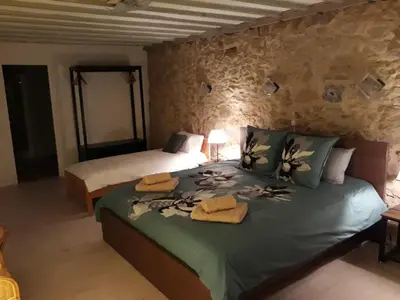 a bedroom with two beds and a stone wall at Chambres d'hôtes Les Gragniotes in Tournissan