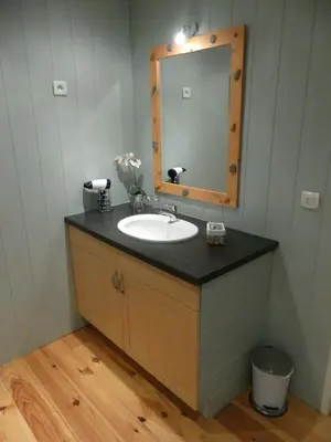 a bathroom with a sink and a mirror at Chambres d'hôtes Les Gragniotes in Tournissan