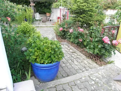 a blue pot of flowers and plants in a garden at Bed & Breakfast Le Beauséjour in Carcassonne