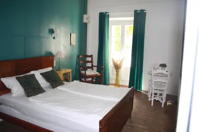 a bedroom with a bed with green curtains and a window at Le Therminus chambres d hôtes in Rennes-les-Bains
