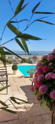 a view of a swimming pool with pink flowers at La Belle Vie B&B in Montréal