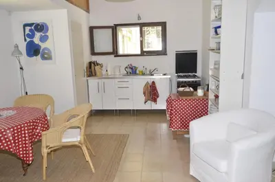 a living room with a table and a kitchen at La petite Cigale in Cesseras