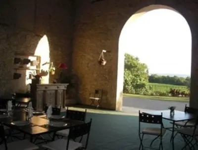 a dining room with tables and chairs and a fireplace at Chambres d'Hotes Domaine de la Capelle in Saint-Martin-Lalande