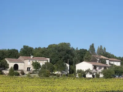 a cluster of houses in a field of flowers at Chambres d'Hotes Domaine de la Capelle in Saint-Martin-Lalande