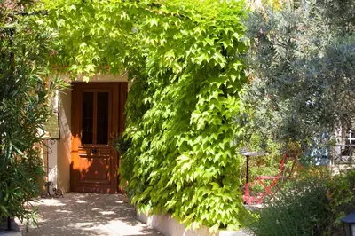 an entrance to a building covered in green ivy at Logis hôtel et restaurant La Bastide Cabezac in Bize-Minervois