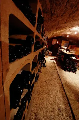 a wine cellar with a bunch of wine bottles at Logis hôtel et restaurant La Bastide Cabezac in Bize-Minervois