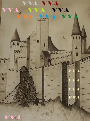 a drawing of a castle with flags at VVA in Conques-sur-Orbiel
