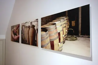 a group of four pictures on a wall with jars at Appartements du Vin in Caudiès-de-Fenouillèdes