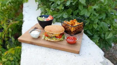 a tray with a hamburger and chips and a basket of fries at Domaine de la Matte in Conques-sur-Orbiel