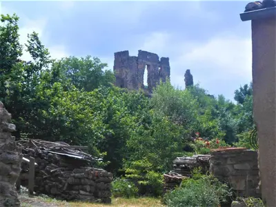 a castle on top of a hill with trees at Maison Palmeral in Coustaussa