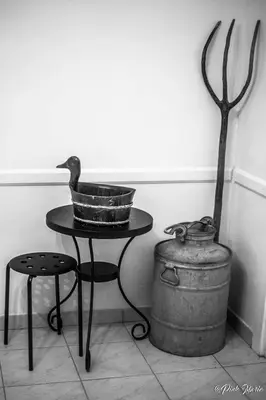 a table with a pot and a bird on a stool at Chambres d'hôtes Le Pessac in Vielmur-sur-Agout