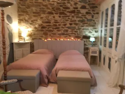 a bedroom with two beds and a brick wall at Le roc de l'aigle in Cabrespine