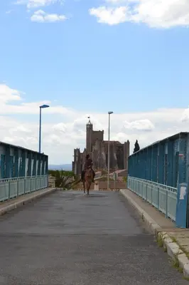 a person riding a horse on a bridge with a castle at L'instant Canal in Capestang