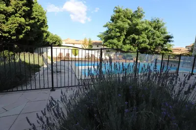 a fence with purple flowers in front of a pool at Maison de Margot in Peyriac-Minervois