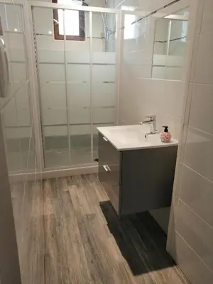 a bathroom with a sink and a shower at La Maison CANTHEZ Wifi in Sigean