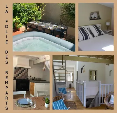 a collage of pictures of a house with a pool at La Folie des Remparts in Carcassonne