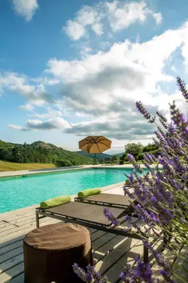 a swimming pool with a table and an umbrella at Domaine de Merlac in Rieussec