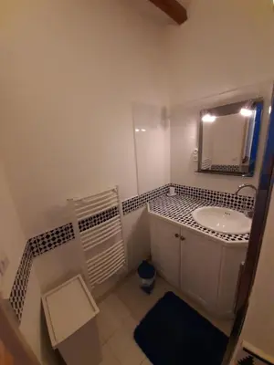 a bathroom with a sink and a mirror at Lotus in Cébazan