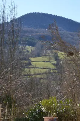 a view of a hill with green fields in the distance at El roble in LʼAiguillon