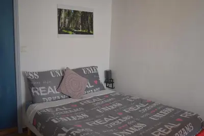 a bedroom with a bed with a blanket and pillows at El roble in LʼAiguillon