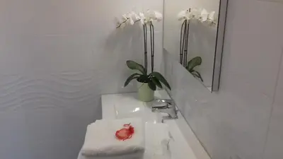 a bathroom with a sink with a vase of flowers at Gites du pech cathare in Leychert