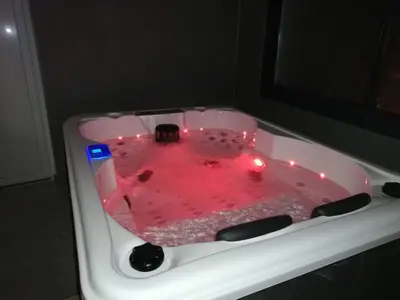 a bath tub filled with red liquid with lights in it at Gites du pech cathare in Leychert