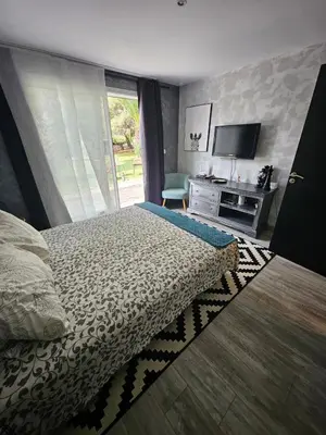 a bedroom with a bed and a television and a desk at La Pinède D'Estarac in Bages
