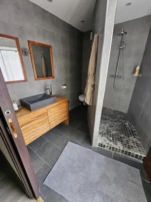 a bathroom with a shower and a sink and a tub at La Pinède D'Estarac in Bages