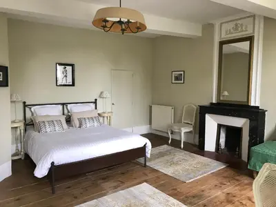 a bedroom with a bed and a fireplace at L'affable Les cammazes in Les Cammazes