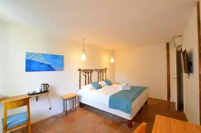 a bedroom with a bed and a table and a television at Logis Hôtels - Hôtel Restaurant du Midi in Revel
