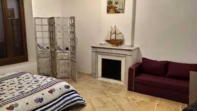 a living room with a couch and a fireplace at Le Minervois in Carcassonne
