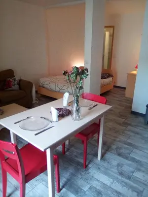 a white table with red chairs and a vase of flowers at Charmant studio centre ville Mirepoix in Mirepoix