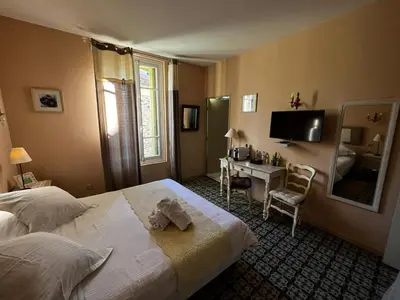 a bedroom with a bed and a desk and a television at Auberge du Cellier in Montner
