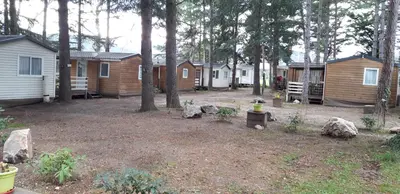 a yard with a group of houses and trees at Camping la Source in Sournia