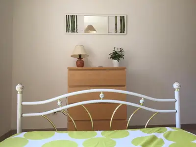 a bedroom with a bed and a dresser with a mirror at Les iris in Carcassonne