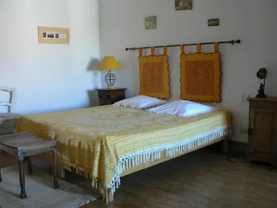 a bedroom with a large bed in a room at Chambres d'hôtes Domaine de Beaupré in Narbonne