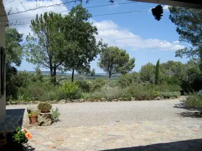 a gravel driveway with potted plants and trees at Le Cers in Ribaute