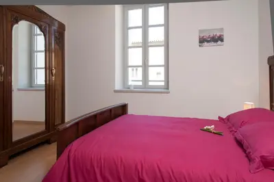 a bedroom with a bed with a pink blanket and a mirror at La Terrasse de Jules in Carcassonne