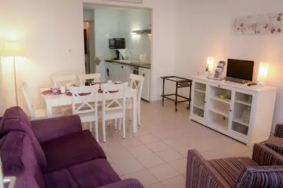 a living room with a couch and a dining room at La Terrasse de Jules in Carcassonne