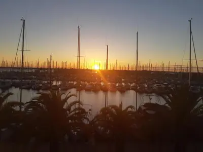 a group of boats in a marina at sunset at T2 sur le port avec parking in Gruissan
