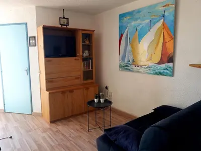 a living room with a couch and a tv at T2 sur le port avec parking in Gruissan
