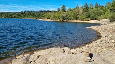 a view of the shore of a lake at chez Black and White in Les Martys