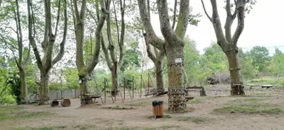 a park with trees and benches and a fence at Appartement Climatisé T3 Piscine et Parking in Pennautier