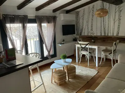 a kitchen and living room with a table and chairs at Montez au créneau, Face à la Cité vue sublime in Carcassonne