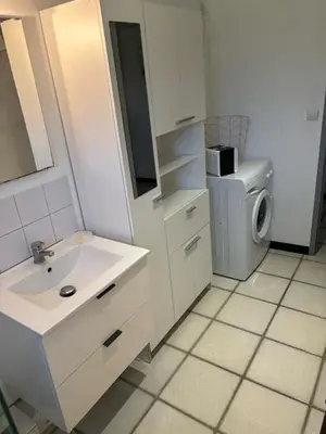 a bathroom with a sink and a washing machine at GITE Florence et Francis in Cuxac-dʼAude