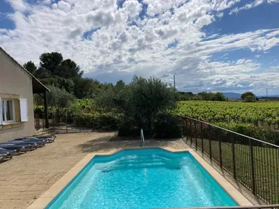 a swimming pool in a yard with a vineyard at Cosy villa with pool in Montbrun-des-Corbières