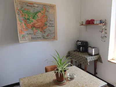 a table with a potted plant and a map on the wall at Le Nid de Jeanne in Lézignan-Corbières